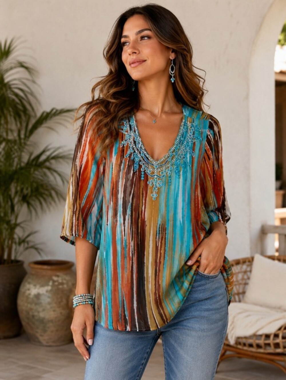 Striped Multicolor V-Neck Jeweled Top.